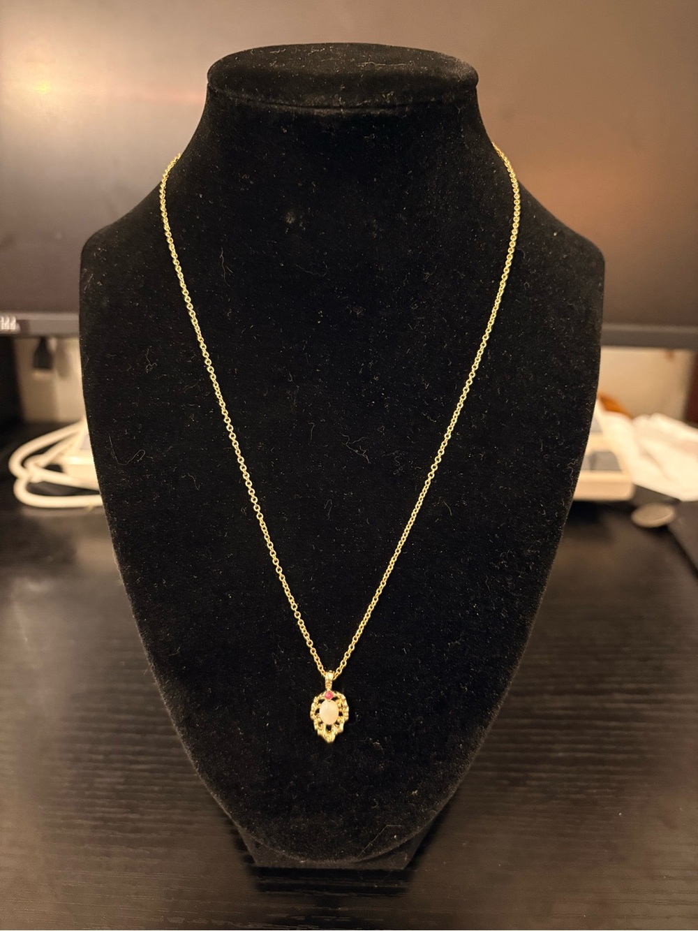 Vintage Opal and Ruby Pendant on Gold Chain Link Necklace 18”